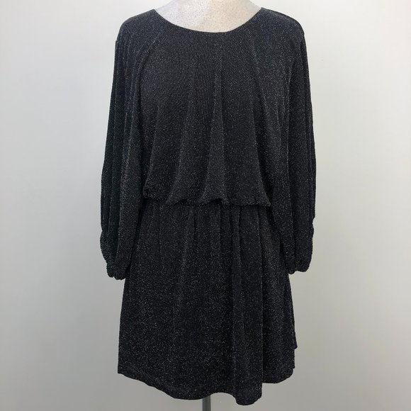 MuMu Metallic Black Sparkle Batwing Sleeve Cinched Waist Genevieve Mini Dress - Picture 1 of 10